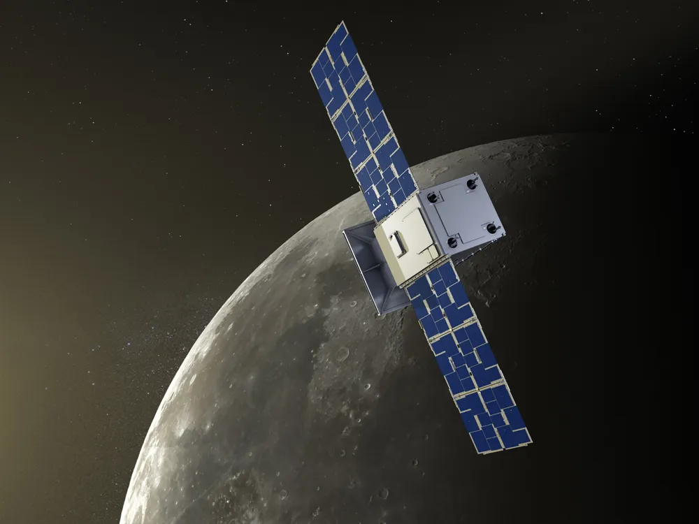 An illustration of the CAPSTONE spacecraft in orbit near the moon