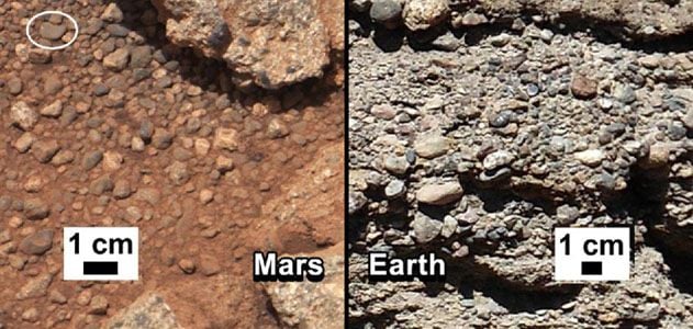Comparing the conglomerate outcrop on Mars with a similar structure on Earth.