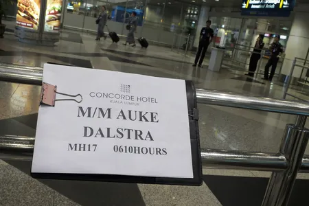 A hotel's welcome notice for Auke Dalstra of flight MH17 is seen at the arrival hall of the Kuala Lumpur International Airport Terminal on July 18, 2014 in Sepang, Malaysia.