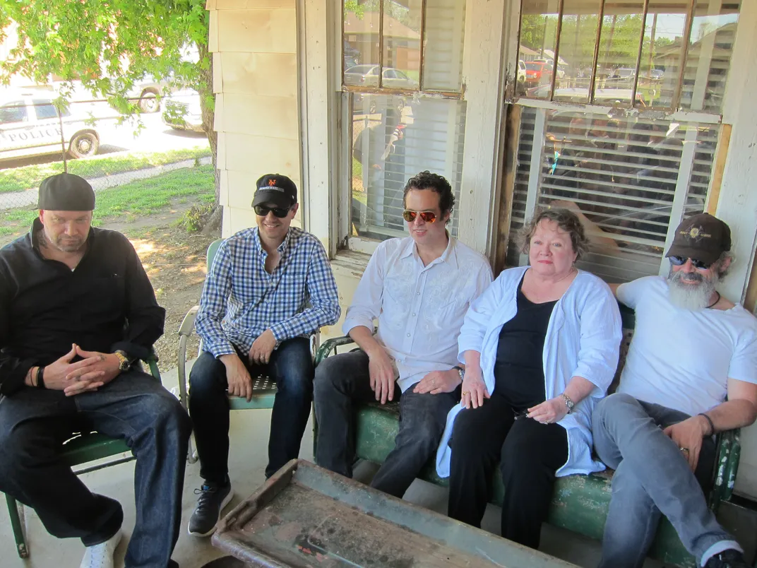 L to R: Danny Boy O'Connor, Ralph Macchio, Darren Dalton, S.E. Hinton and C. Thomas Howell at the future Outsiders House Museum in 2017