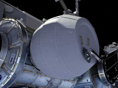 Artists's conception of the Bigelow Expandable Activity Module (BEAM) attached to the station.