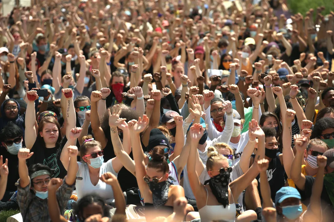 Demonstrators engage in a peaceful protest outside of the state capitol building in St. Paul, Minnesota, on June 2, 2020.