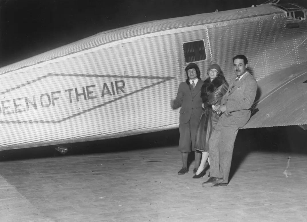Charles A. Levine, Mabel Boll and Bert Acosta at the Le Bourget airport in 1928
