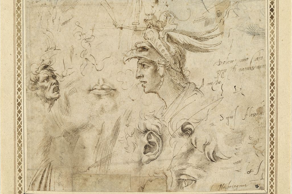 Studies of Male Heads, Helmets for Soldiers and Facial Features