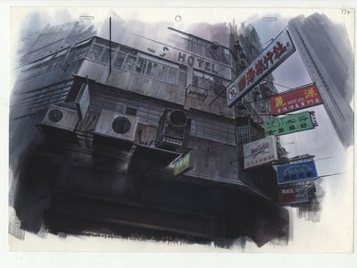 Watercolor paintings like this were used to produce the dark, dystopian worlds of cyberpunk anime
