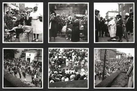 Grid of six black-and-white photographs of a crowded outdoor event.