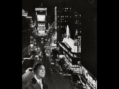 By 1948, when this photo montage was made, Times Square was a riot of lights and special effects. Many of these lighted signs were the work of Douglas Leigh.