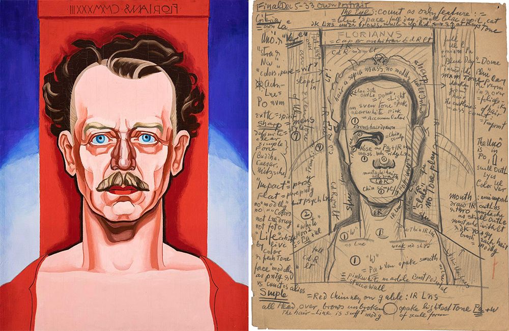 Portrait of a man in red shirt against a red, blue, and white background with writing in reverse at the top, next to  pencil sketch of the same image with extensive notes in pencil.