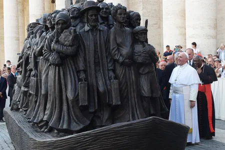 Pope Francis attends the unveiling of "Angels Unaware" by Canadian sculptor Timothy P. Schmalz.