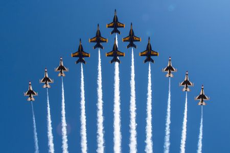 The U.S. Air Force Thunderbirds and U.S. Navy Blue Angels fly their joint "Super Delta" formation over Naval Air Base El Centro, California in March.