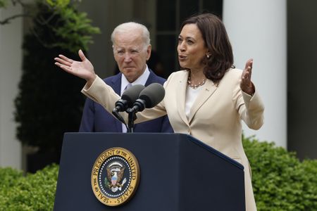 Vice President Kamala Harris and President Joe Biden&nbsp;during an event marking National Small Business Week in the Rose Garden.