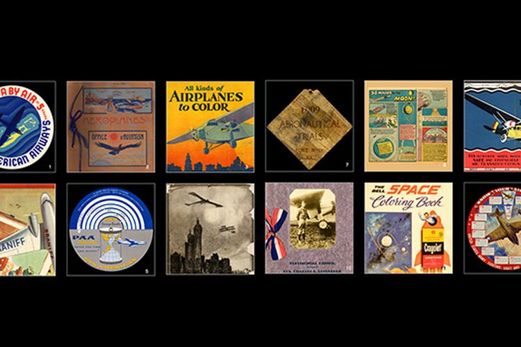 mobile: grid of ephema, including a Pan Am baggage label from 1937, a French airplane brochure from 1910, and an entrance badge from the WRight Military flyer trials