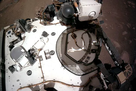The Navigation Cameras on Perseverance capture an image of the rover's deck.