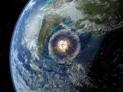 An artists interpretation of a large asteroid hitting Earth