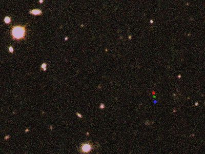 Say hello to my little friend: 2012 VP 113 is caught moving against a background of stars in three images (red, green, blue), each taken two hours apart. 