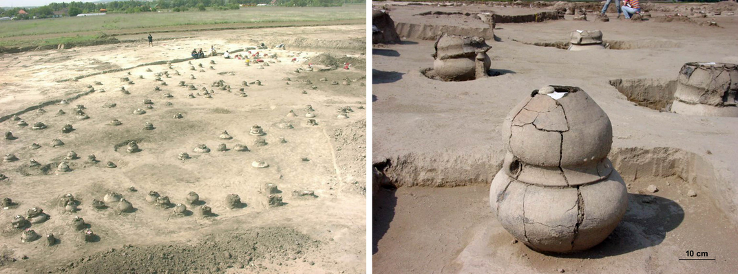 The Szigetszentmiklós-Ürgehegy cemetery (left) contains thousands of graves, most of which are cremation urns (right).