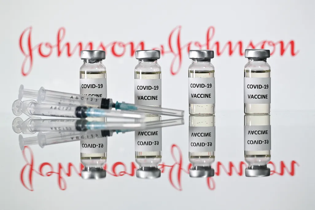 A row of generically labelled Covid-19 vaccines lined up in front of the Johnson & Johnson label