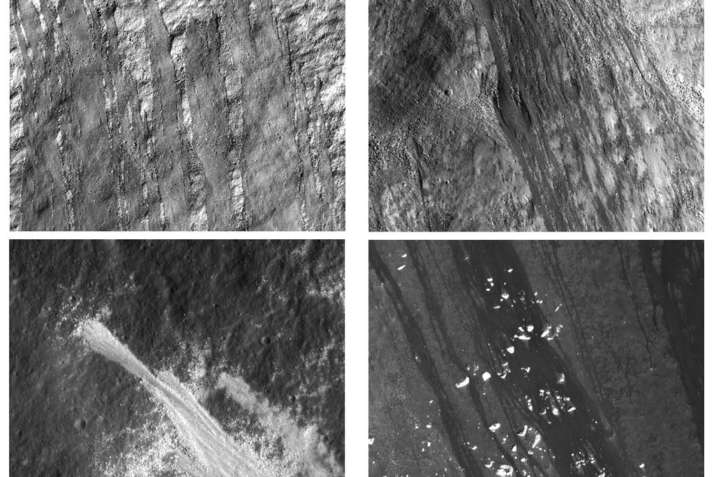 Dark and light streaks on crater walls, Moon