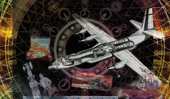 Photo illustration of 1950s atomic age photos including a prop aircraft cutaway diagram, a man in a suit and tie, an engineer with an engine, and an atomic-themed toy kit.