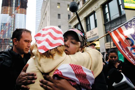 There were emotional hugs on May 2, 2011, near the construction site of the new World Trade Center in New York City, after Osama bin Laden was killed in Pakistan by Navy Seals.