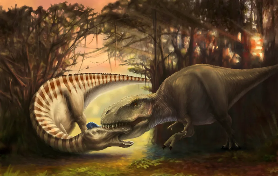 an illustration of a tyrannosaur biting the head of another dinosaur