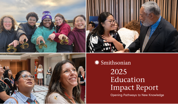 Five educators standing on a beach in Alaska hold up crabs found during a Smithsonian Classroom Cultivation workshop. Smithsonian Secretary Lonnie G. Bunch III shakes hands with an educator at the 2025 Smithsonian National Education Summit.