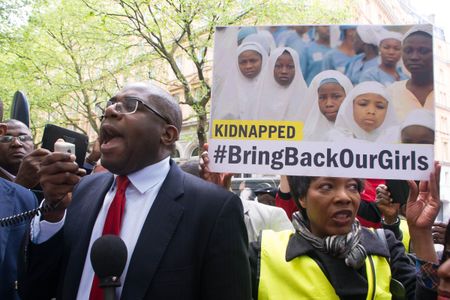 Protesters in front of the Nigerian Embassy in London. 