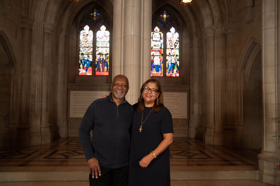 Kerry James Marshall (left) and Elizabeth Alexander (right) in front of the newly unveiled windows