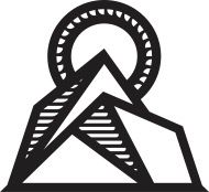 Black and white logo of mountains and sun