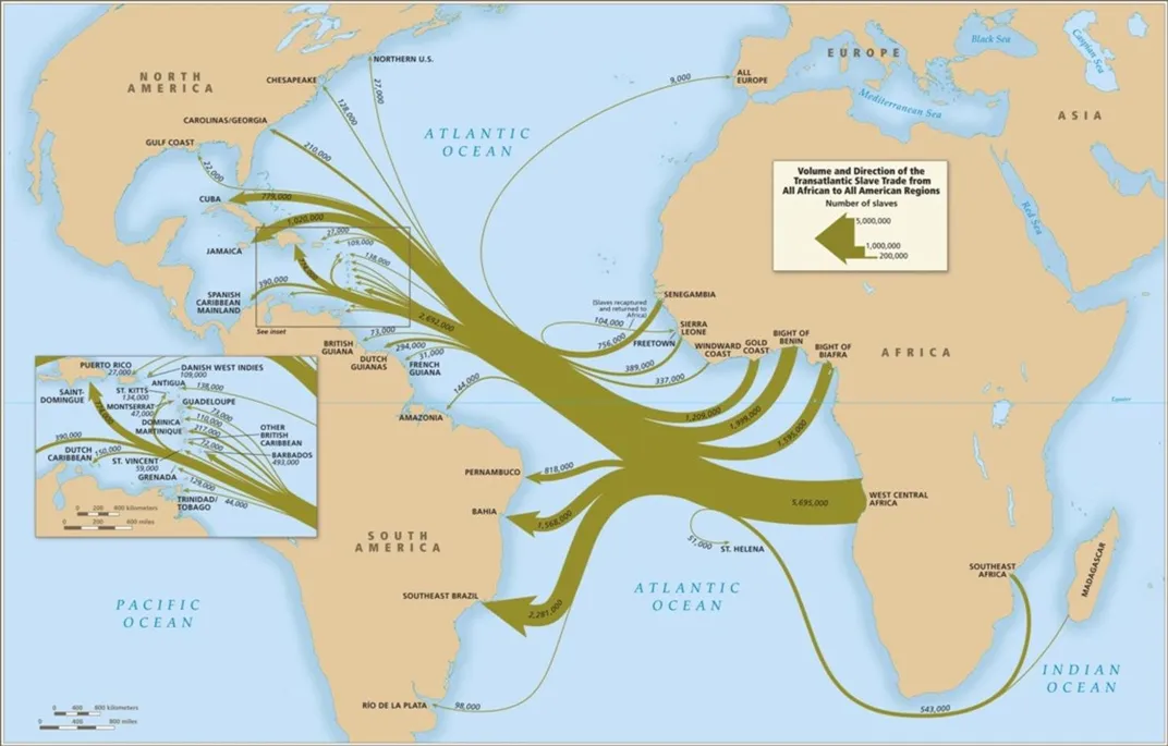 Volume and direction of the transatlantic slave trade from all African to all American regions