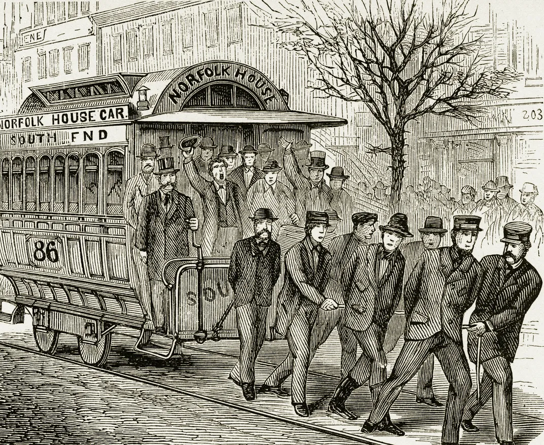 illustration of men pulling a streetcar