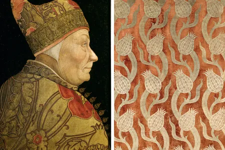 Portrait of Doge Cristoforo Moro (ruler of Venice from 1462-1471), attributed to Lazzaro Bastiani; Ottoman-inspired fabric by 20th-century textile designer Mariano Fortuny.