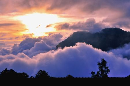 Sunrise illuminates a sea of clouds high in the mountains of Taiwan's Alishan Range.