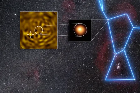 Betelgeuse, the inset image in the middle, is located in the constellation Orion, on the right. New images hint at a small companion star, shown in the inset image on the left, orbiting the supergiant star.