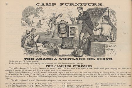 Murray & Baker, Chicago, IL. Awnings and Tents, Signs and Banners (1882), page 28, “Adams and Westlake Oil Stove.” (Smithsonian Libraries and Archives)

