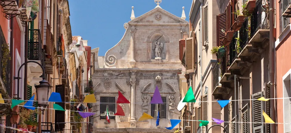  Street and baroque church in Cagliari, Sardinia 