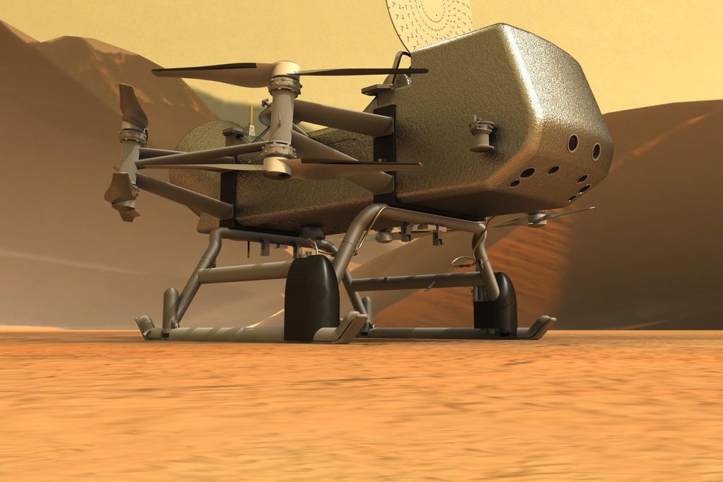 artist's conception of Dragonfly on the surface of Titan