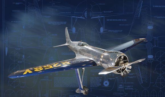 A photo illustration of a three-quarter view of a sliver aircraft with blue wings with blueprint in the background.