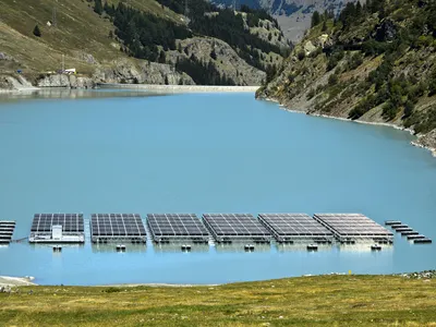 Solar panels float on a mountain lake in Switzerland. The first such system was installed in 2008.