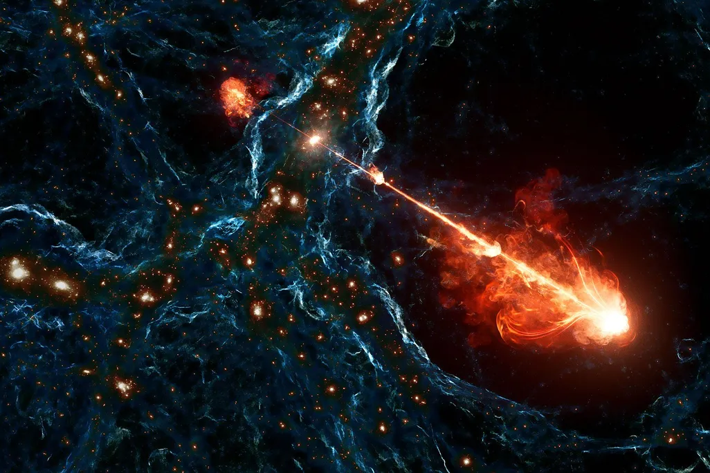 on a dark background, an orange jet blasts in two directions from a black hole, with blue waves and bright spots in the cosmos surrounding it