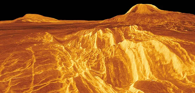 Most pictures of the Venus surface are synthetic, like this view of a volcanic region called Eistla, created from Magellan orbital radar data. The SAGE lander would take actual photos from ground level.