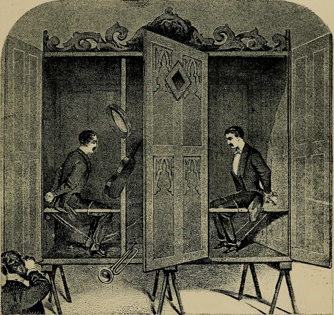 A drawing of the Davenport brothers' act