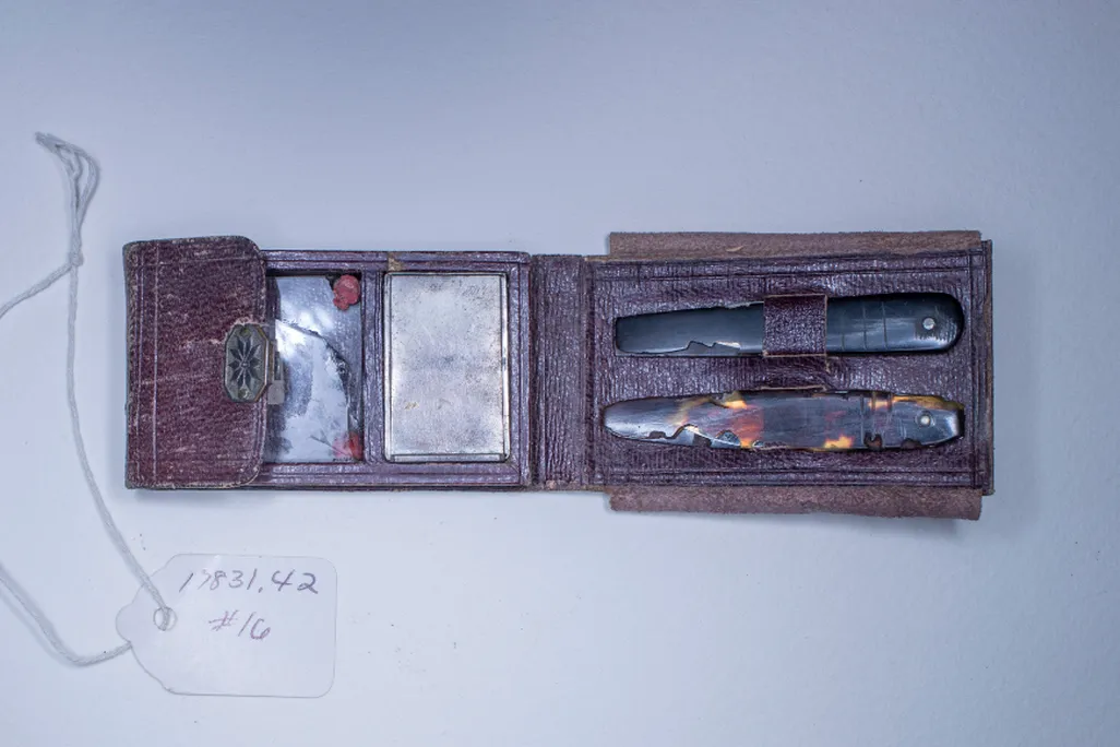 A small leather vaccination kit, with small lancets and glass slides used for inoculating soldiers against smallpox during the Civil War
