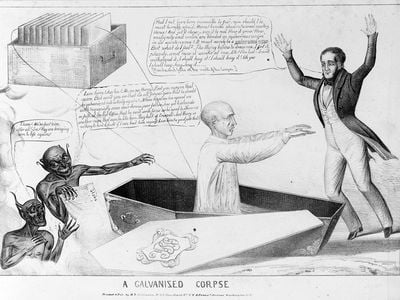 This 19th-century cartoon depicts a corpse brought back to life through the power of "galvanism."