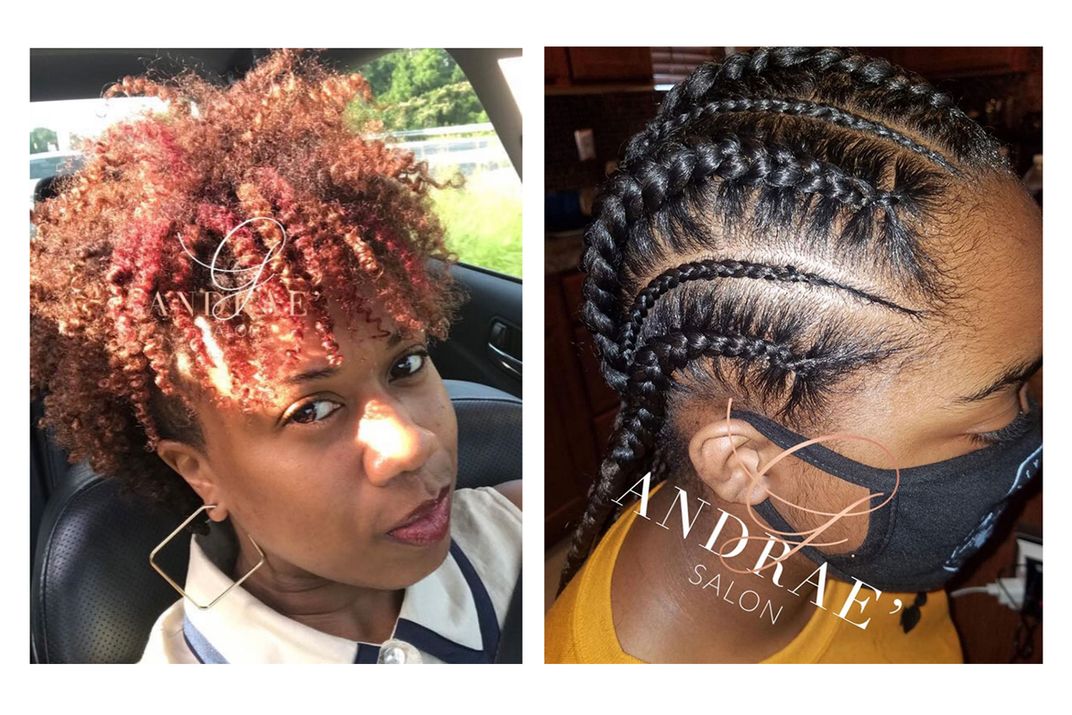 Left: Person with cornrow braids, alternating thick and thin rows, with a salon logo watermark. Right: Person posing in the driver seat of a car with reddish, curly natural hair.
