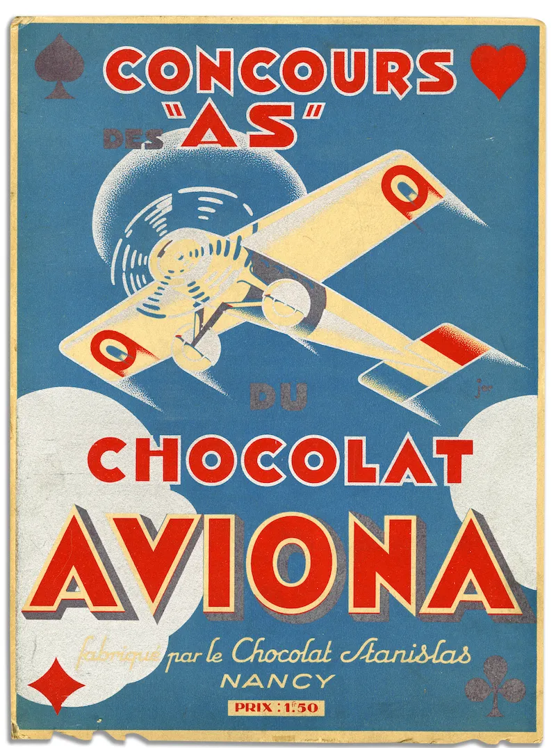 image of plane against a blue side with red type reading 'concours as chocolat aviona'