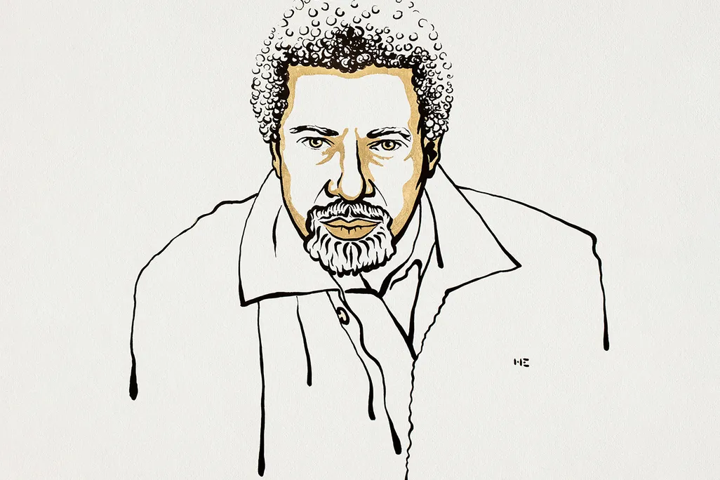 A black and gold line drawing of Gurnah, an elderly Black man in a suit jacket and buttoned shirt