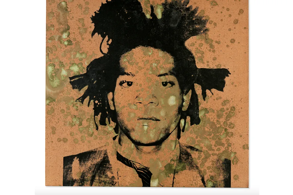 A black and white image of Basquiat, a young Black man with spiky hair and a serious expression, on an orangey background and covered in splotches of yellow-green