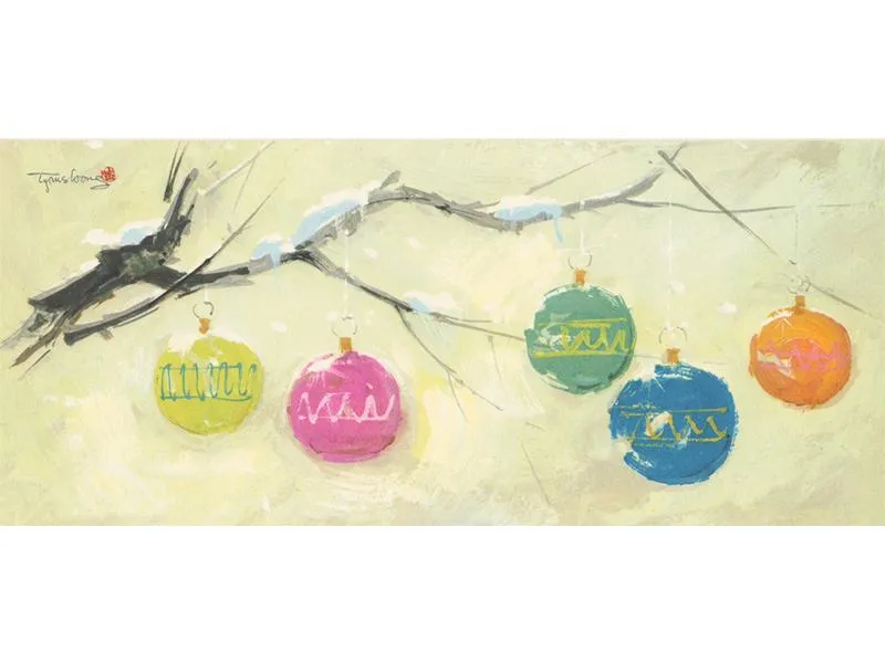 A painting of Christmas bulbs on a branch