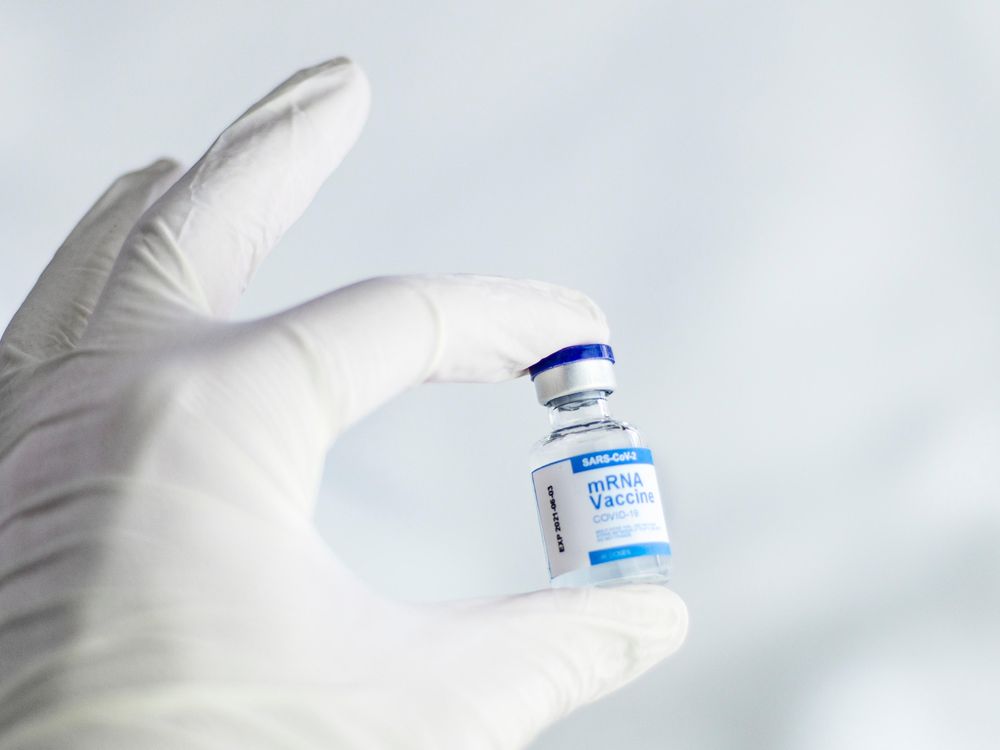 A white gloved left hand holds a small glass vial containing doses of the pfizer covid-19 vaccine.